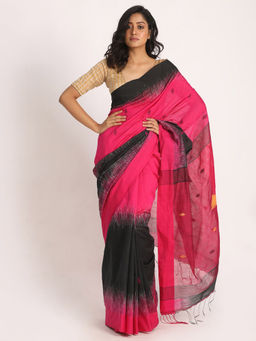 Angoshobha - Pink & Black Cotton Blended Handloom Jamdani Saree with Unstitched Blouse