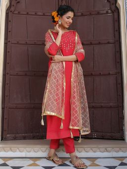 Jaipur Kurti - Women Red & Brown Viscose Musline Kurta With Pant & Net Dupatta (set Of 3)