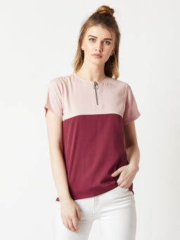 Miss Chase - Blush Pink & Maroon Round Neck Short Sleeve Solid Boxy Zip Detailing Color Block Top