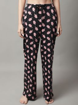 Kanvin - Womens Printed Self Design Knitted Straight Fit Pajamas - Black