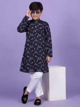 Kraft India - Cotton Blend Printed Navy Blue Kurta