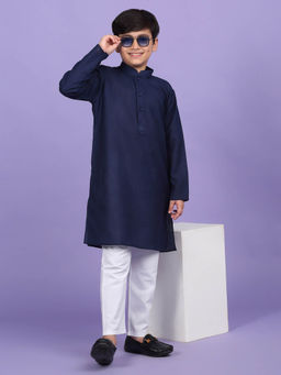 Kraft India - Cotton Blend Solid Navy Blue Kurta