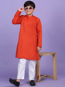 Kraft India - Cotton Blend Solid Orange Kurta