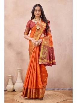Tankori - Women Orange Woven Cotton Silk Saree with Unstitched Blouse