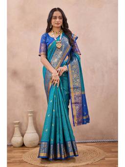 Tankori - Women Blue Woven Cotton Silk Saree with Unstitched Blouse