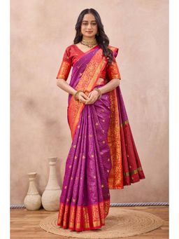 Tankori - Women Purple Woven Cotton Silk Saree with Unstitched Blouse