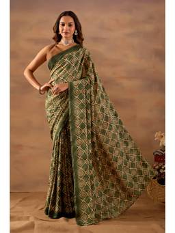 RACHNA - Women Olive Printed Cotton Silk Ready To Wear Saree with Unstitched Blouse