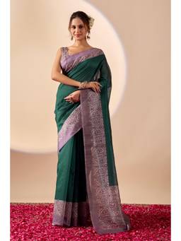 RACHNA - Women Green Solid/Plain Cotton Silk Ready To Wear Saree with Unstitched Blouse