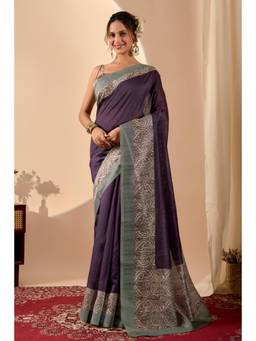 RACHNA - Women Purple Solid/Plain Cotton Silk Ready To Wear Saree with Unstitched Blouse