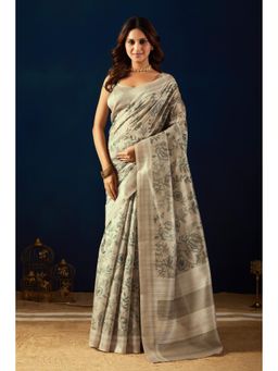 RACHNA - Women Cream Printed Cotton Silk Ready To Wear Saree with Unstitched Blouse