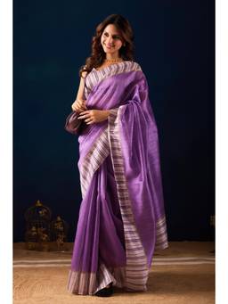 RACHNA - Women Purple Solid/Plain Cotton Silk Ready To Wear Saree with Unstitched Blouse