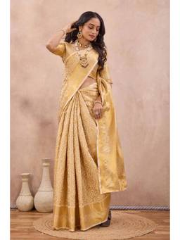 Tankori - Women Cream Woven Cotton Silk Saree with Unstitched Blouse