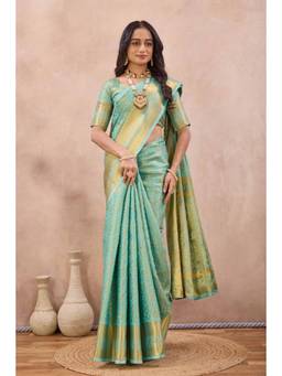 Tankori - Women Blue Woven Cotton Silk Saree with Unstitched Blouse