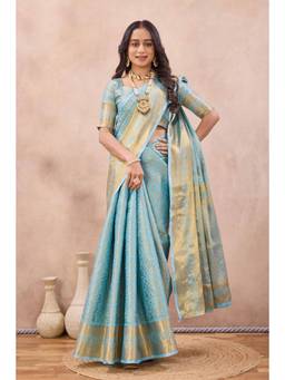 Tankori - Women Blue Woven Cotton Silk Saree with Unstitched Blouse