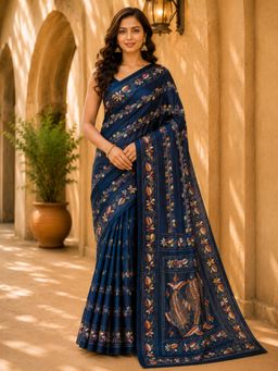LAA CALCUTTA - Women Navy Blue Floral Silk Saree with Unstitched Blouse