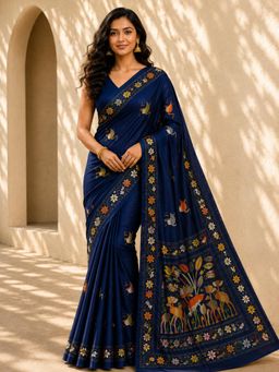 LAA CALCUTTA - Women Navy Blue Floral Silk Saree with Unstitched Blouse