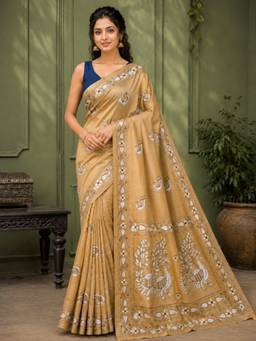 LAA CALCUTTA - Women Beige Embroidered Silk Saree with Unstitched Blouse