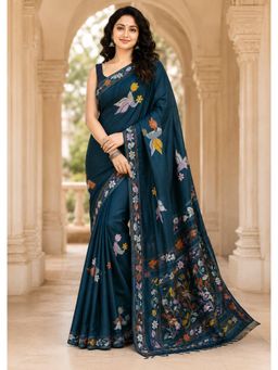 LAA CALCUTTA - Women Navy Blue Floral Silk Saree with Unstitched Blouse