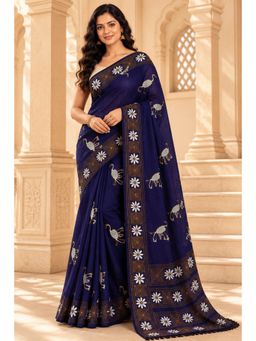 LAA CALCUTTA - Women Navy Blue Floral Silk Saree with Unstitched Blouse
