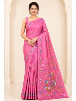 LAA CALCUTTA - Women Pink Floral Silk Saree with Unstitched Blouse