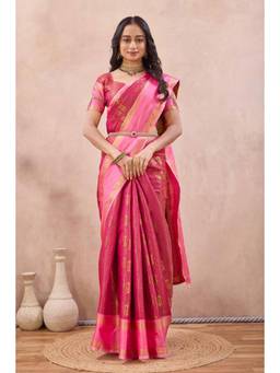 Tankori - Women Pink Woven Cotton Silk Saree with Unstitched Blouse