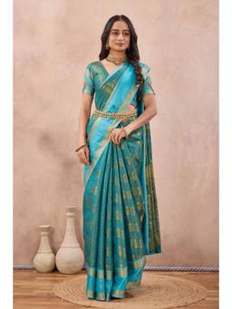 Tankori - Women Teal Woven Cotton Silk Saree with Unstitched Blouse