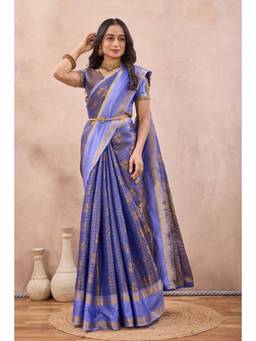 Tankori - Women Blue Woven Cotton Silk Saree with Unstitched Blouse