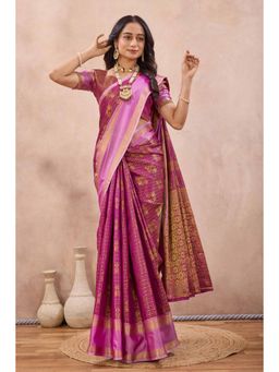 Tankori - Women Magenta Woven Cotton Silk Saree with Unstitched Blouse