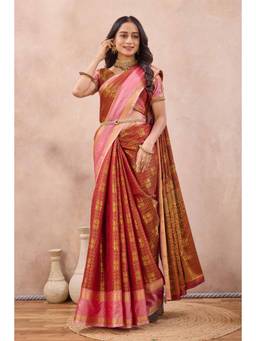 Tankori - Women Maroon Woven Cotton Silk Saree with Unstitched Blouse