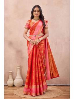 Tankori - Women Red Woven Cotton Silk Saree with Unstitched Blouse