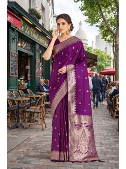 Monjolika Fashion - Women Purple Woven Banarasi Satin Silk Saree with Unstitched Blouse
