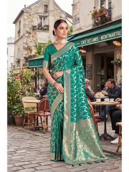 Monjolika Fashion - Women Blue Woven Banarasi Satin Silk Saree with Unstitched Blouse