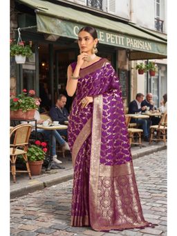Monjolika Fashion - Women Purple Woven Banarasi Satin Silk Saree with Unstitched Blouse