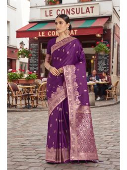 Monjolika Fashion - Women Purple Woven Banarasi Satin Silk Saree with Unstitched Blouse