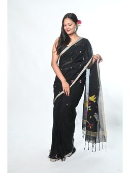 Biyahuti - Women Black Floral Cotton Saree with Unstitched Blouse