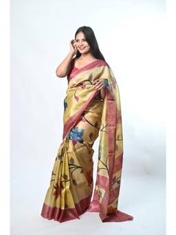 Biyahuti - Women Yellow Woven Tussar Silk Saree with Unstitched Blouse