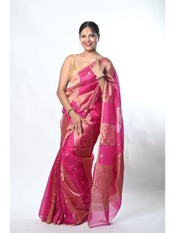 Biyahuti - Women Pink Woven Tissue Saree with Unstitched Blouse