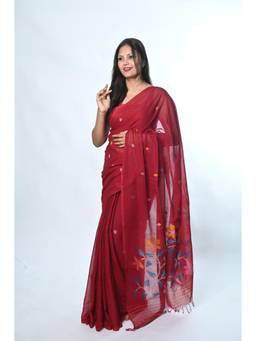 Biyahuti - Women Maroon Floral Cotton Saree with Unstitched Blouse