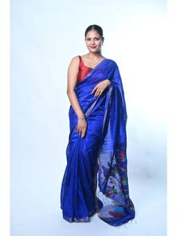 Biyahuti - Women Blue Floral Silk Saree with Unstitched Blouse