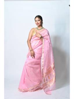 Biyahuti - Women Pink Woven Organza Saree with Unstitched Blouse