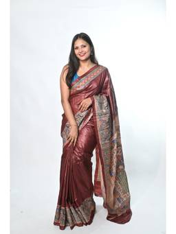 Biyahuti - Women Brown Printed Tussar Silk Saree with Unstitched Blouse