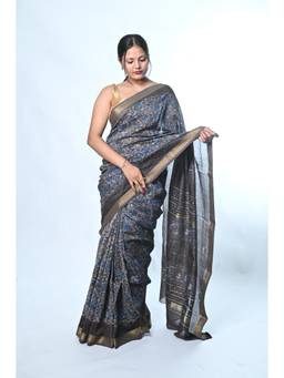 Biyahuti - Women Blue Printed Cotton Silk Saree with Unstitched Blouse