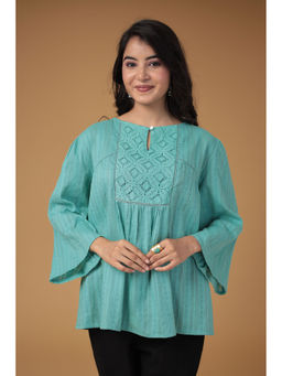 Zari Jaipur - Green Cotton Viscose Embroidery Tunic