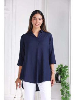 MLADA - Navy Solid Longline Collar Neck Top