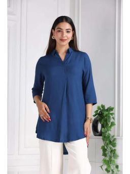 MLADA - Blue Solid Longline Collar Neck Top