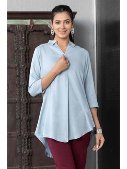 MLADA - Grey Solid Longline High-Low Hem Collar Neck Top