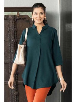 MLADA - Green Solid Longline High-Low Hem Collar Neck Top
