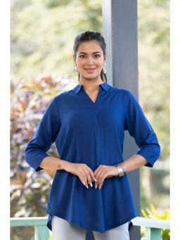 MLADA - Blue Solid Longline High-Low Hem Collar Neck Top