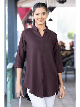 MLADA - Brown Solid Longline High-Low Hem Collar Neck Top