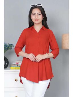 MLADA - Red Solid Longline High-Low Hem Collar Neck Top